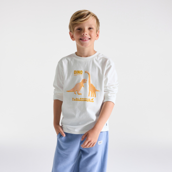 تيشيرت بأكمام طويلة ورسمة ديناصور، باللون الأبيض، للفتيان